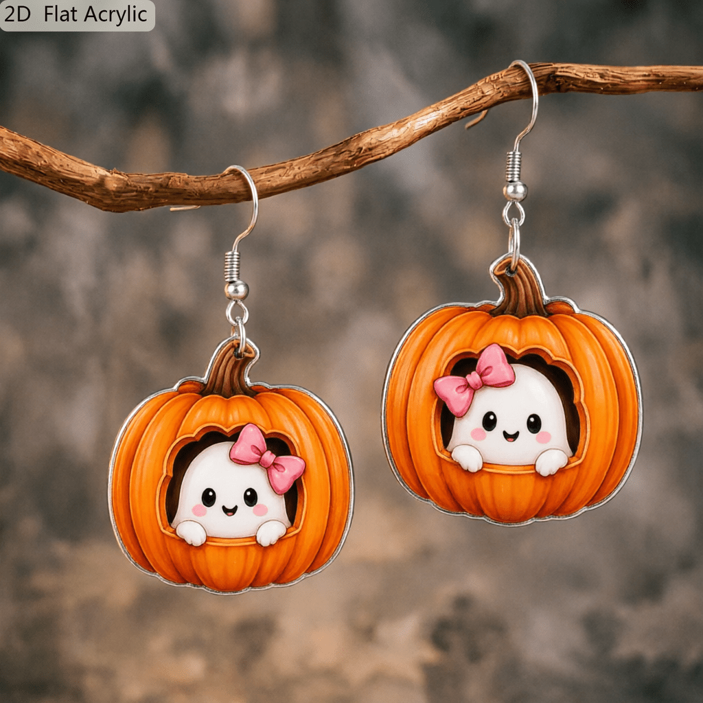Cute Bow Ghost Inside Pumpkin Acrylic Dangle Earrings